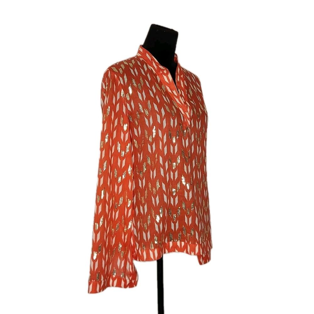 Tory Burch Cotton Tunic Top Sequin Embellished Geometric Flare Sleeve Sz 10 - Picture 2 of 9